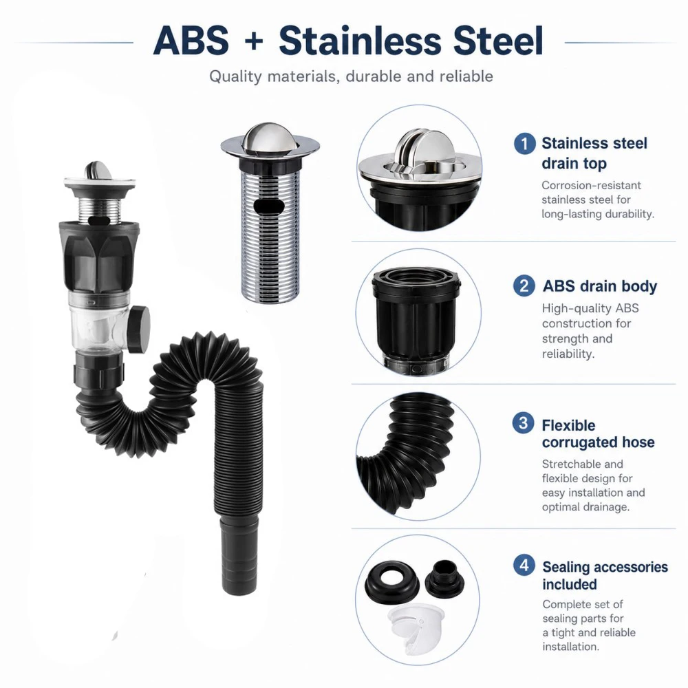 1-5Pcs Kitchen ABS Sink Drain Kit Drain Stopper Flexible Hose Body Stainless Steel Top Side Outlet Basin Drain Pipe Set image 3