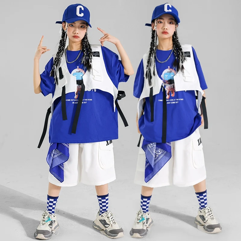 

Street Dance Costume Girls Jazz Performance Wear Oversize T-Shirt Blue Shorts White Fashion Clothes Hip Hop Dancer Outfit 1783