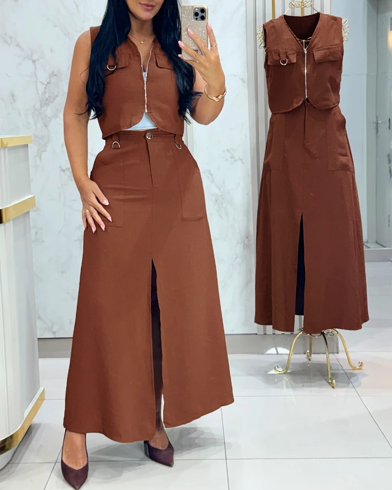 

Two Piece Set Women Outfit New Sleeveless Zipper Front Metal Decor Crop Vest & High Waist Slit Elastic Back Waist Long Skirt Set