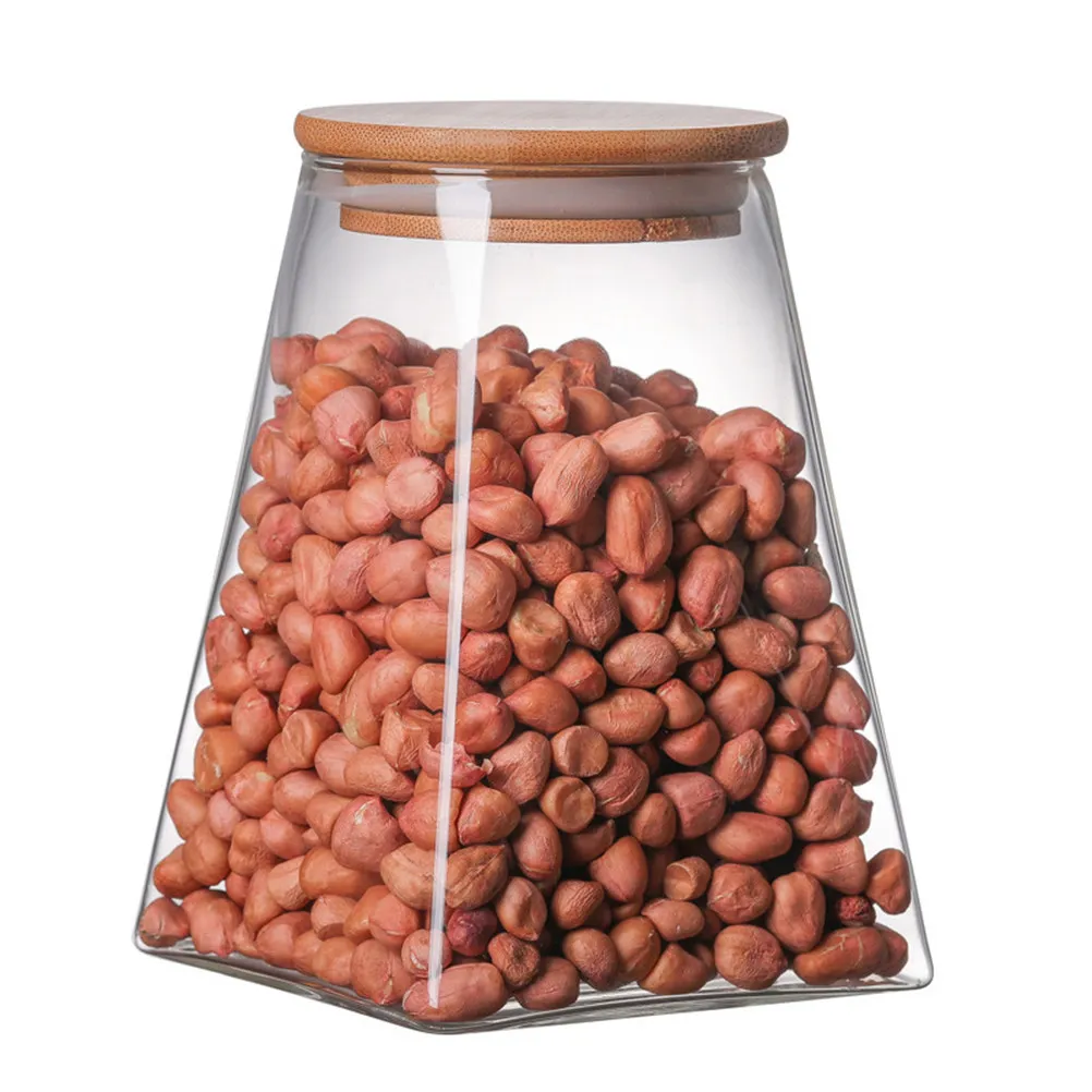 Glass Grains Storage Tank Airtight Sealed Jar Food Storage Container Wooden Lid Kitchen Essentials Preservation Holder 350Ml
