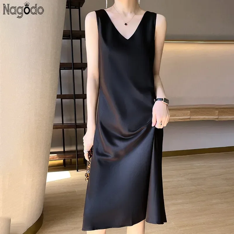 

Elegant Satin Silk Women's Dress Sleeveless Evening Long Dresses V-neck High Waist Woman Sundress Off Shoulder A-line Dress Robe
