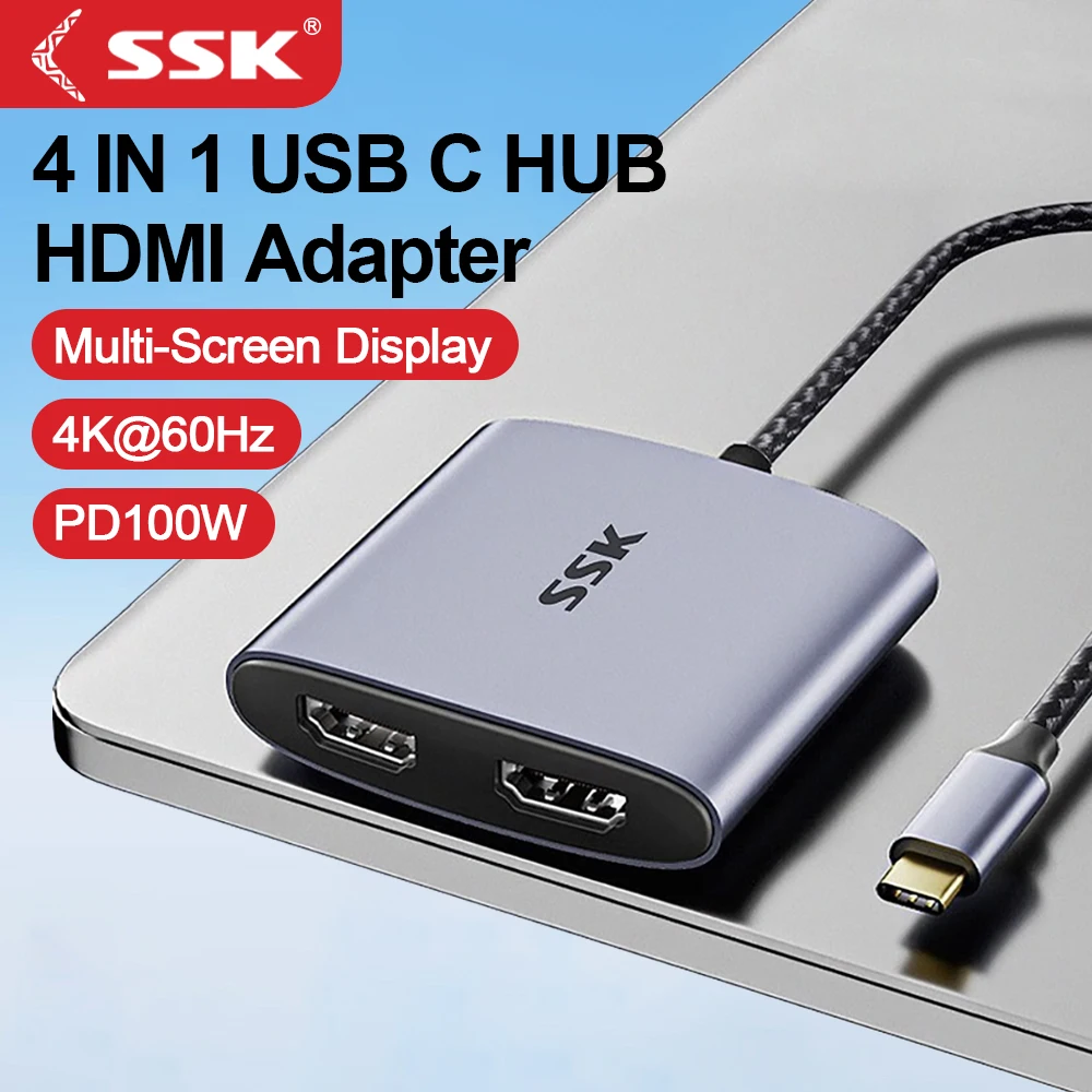 SSK Aluminum USB C to Dual HDMI Adapter 4K@60Hz Laptop HDMI Splitter for Multi Monitors Adapter with 2 HDMI PD100W for MacBook