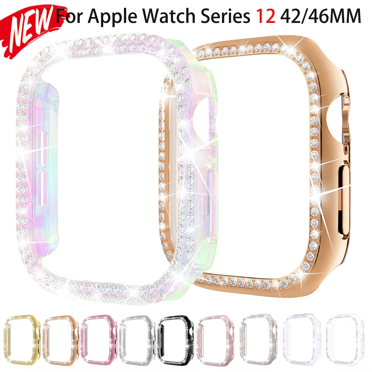 Woman Bling Case for Apple Watch Series 12 46/42mm Single/Double Row Diamond Frame IWatch Series 12 42/46mm PC Hollow Cover