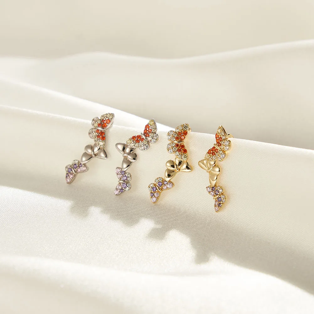 EQE119 Jiang Yuan 925 Silver Animal Butterfly Earrings Colorful Cubic Zirconia 14K Gold Plated Stud Earrings for Women Girl