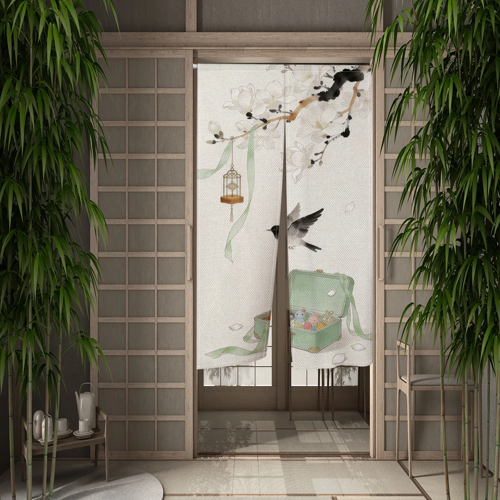 Japanese Noren Curtain Traditional Ink Painting Nature Landscape Print Split Half Door Curtain for Home Partition Decoration