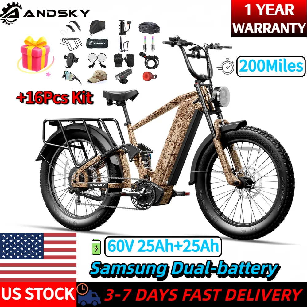 

ANDSKY Hyper X Electric Bike Dual Battery 60V 25Ah+25Ah 200Miles Extremely Long Range 43MPH 3200W Motor Power 150+Nm Torque Electric Bicycle with 7-Speed Derailleur Gears Triple Shock Suspension Adult City Commuter E-bike with 16-Piece Kit