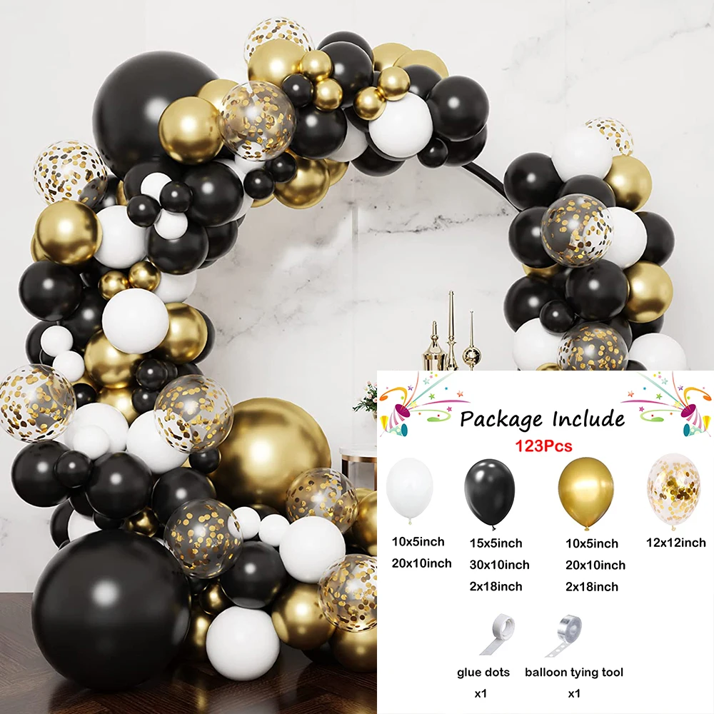 123Pcs Black Ballon Garland Kit Arch White Metallic Gold Confetti Latex Balloons Birthday Party Kids Baby Shower Graduation Deco