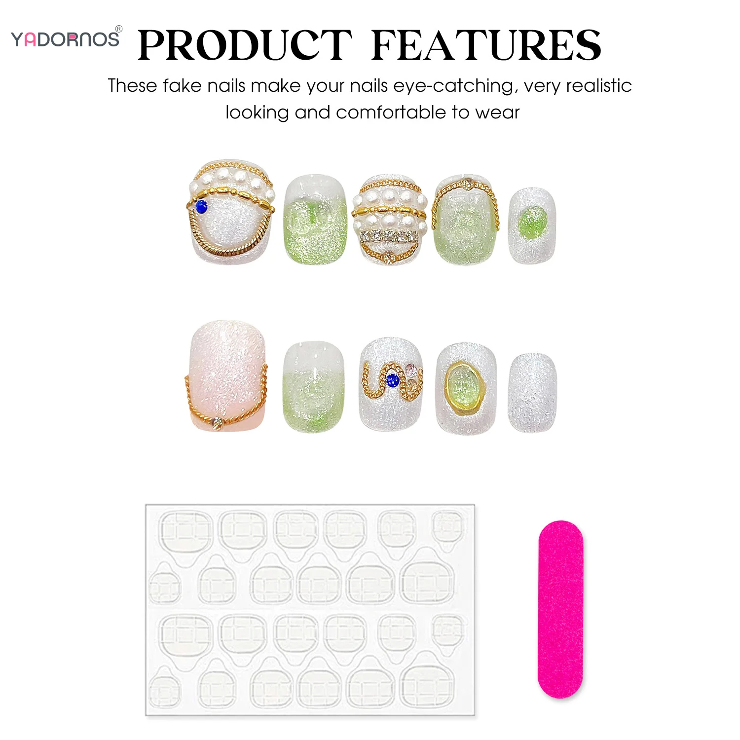 Uñas postizas cortas, redondas, cuadradas, brillantes, verdes y blancas, hechas a mano, estilo bohemio, manicura usable