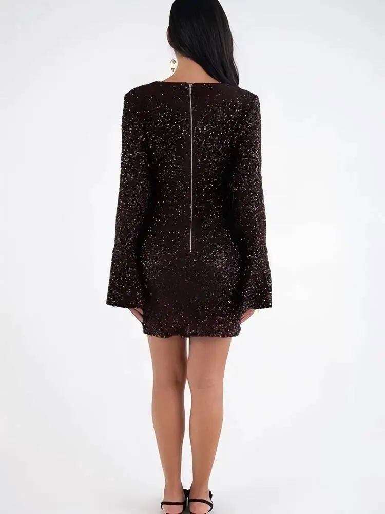 Fantoye グリッターブライトシルクシャイニーボウミニドレス女性コーヒーフレアスリーブ V ネックドレス秋冬新エレガントパーティークラブウェア
