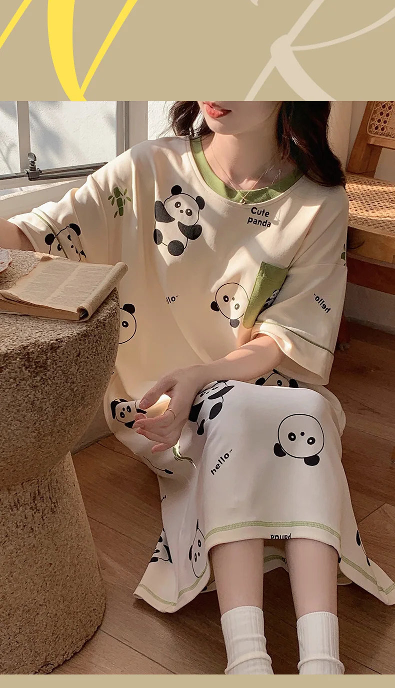 Women Summer Cotton Nightgown Female Sweet Loose Cartoon Pajamas Short-sleeved With Breast Pads Maternity Home Clothes