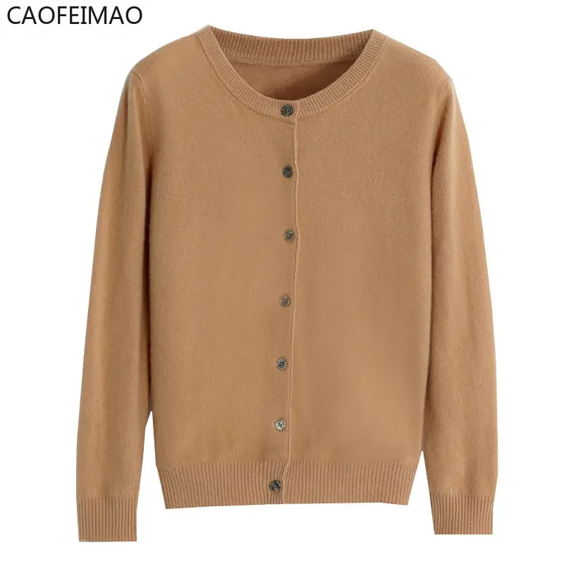Caofeimao Women Cardigans Sweater O-neck Spring Autumn Knitted Cashmere Cardigans Solid Single Breasted Womens Sweaters 2023