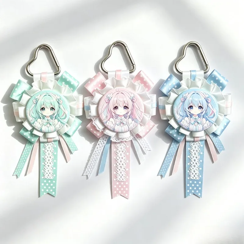 Lolita Ribbon Bow Badge Charm/ Badge Brooch ,Ins Y2K Lace Polka Dot Brooch Tray Keychains, Cute Bag Accessories for Cosplay