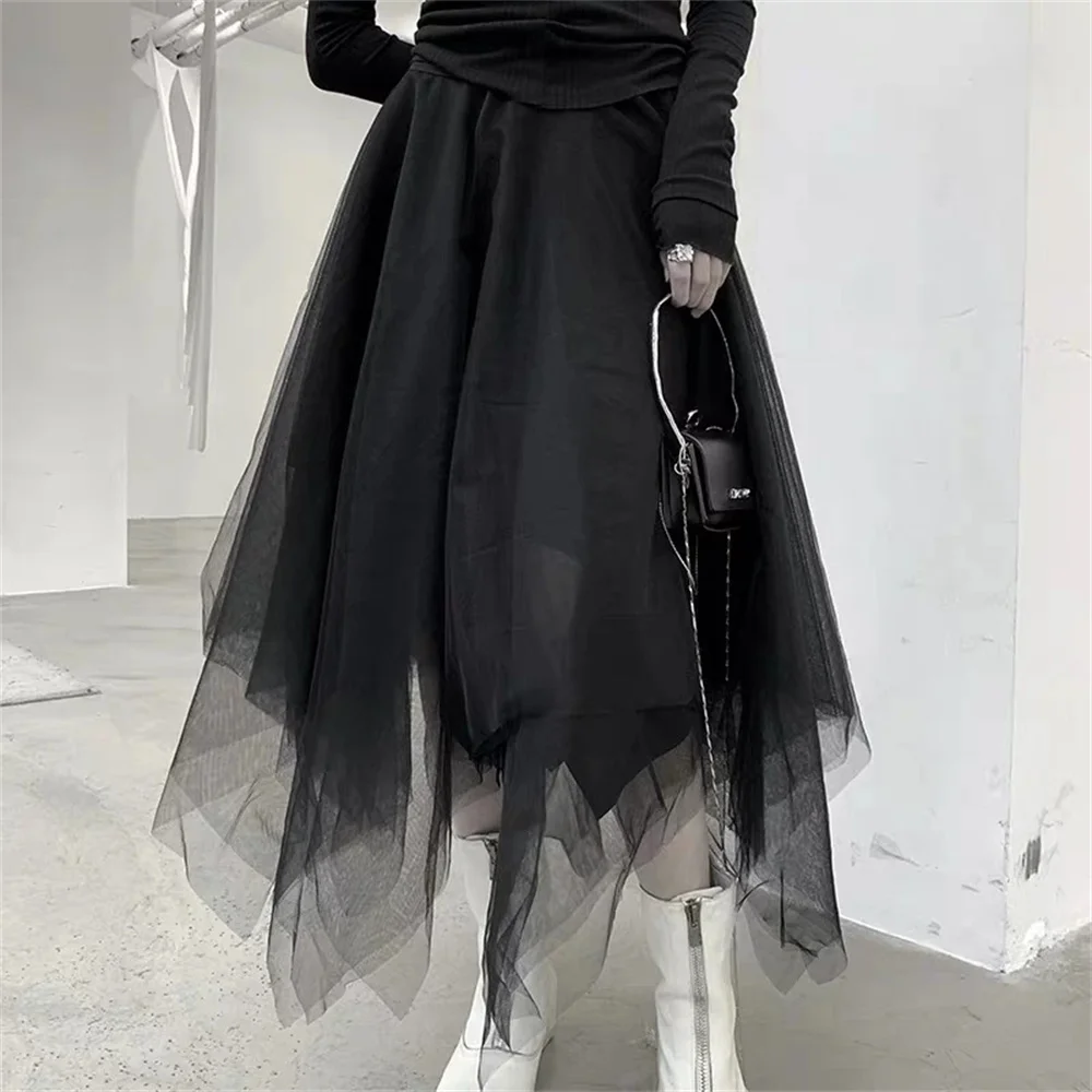 Vintage Punk Gothic Grauer Tüll Langer Unregelmäßiger Plissierter Rock Damen Elastische Hohe Taille A-Linie Mesh Midi-Röcke Streetwear – Detail 5