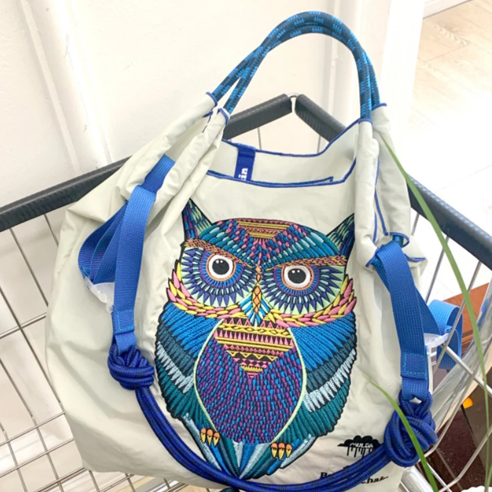 Designer Owl Embroidery Tote Bag Rope Handle Shoulder Bags Brands Nylon Handbags and Purses Large Ball Eco Bag Shopper Purses