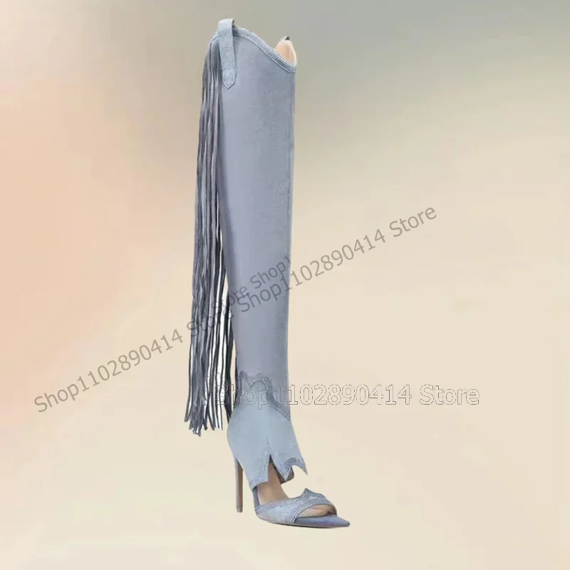 

Brown Tassels Crystal Decor Open Toe Sandals Boots Side Zipper Women Shoes Thin High Heels Sexy Fashion 2025 Zapatos Para Mujere