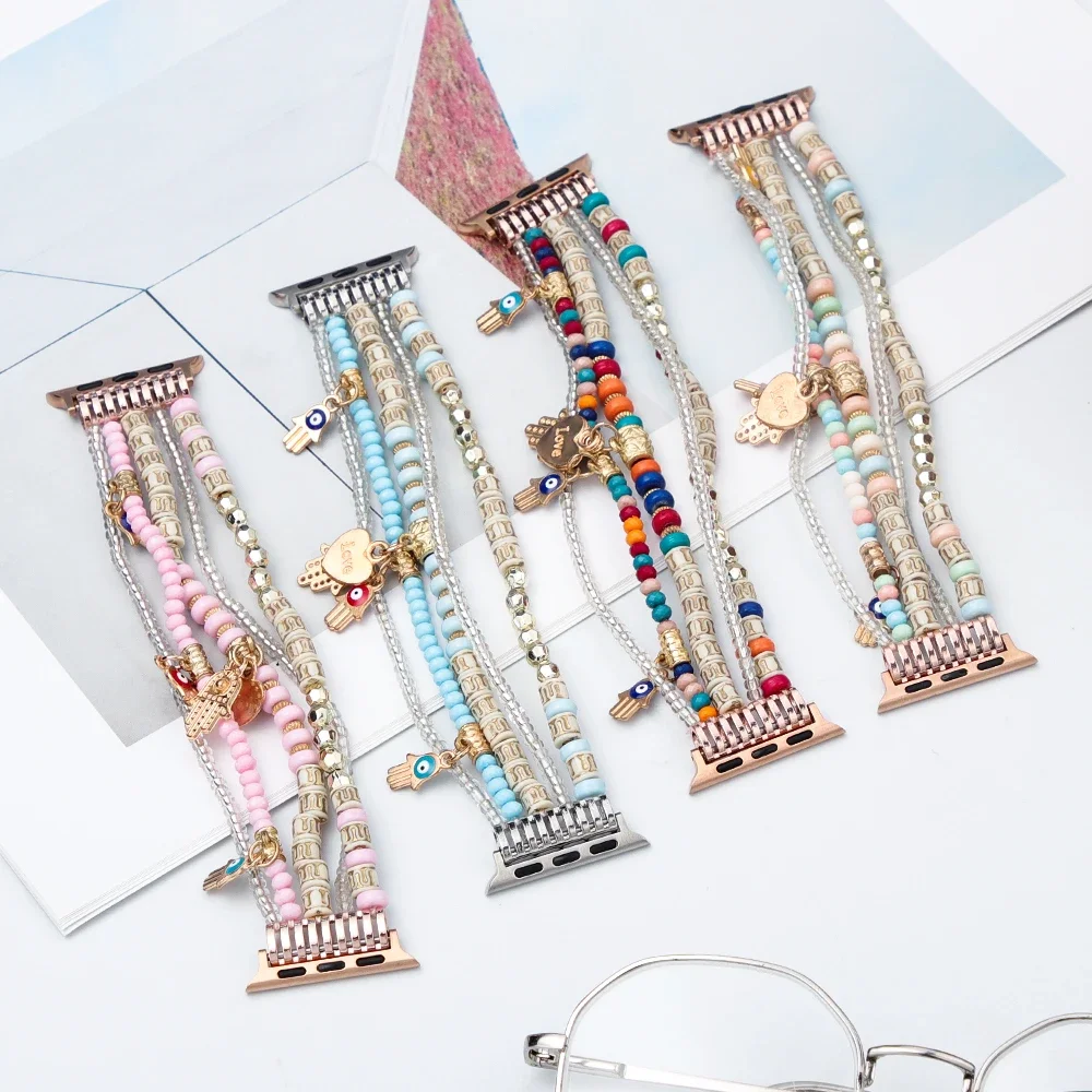 สายรัดข้อมือสำหรับ Apple Watch ขนาด 49 มม. Ultra 2 40 มม. 38 มม. 41 มม. สายรัดแบบยืดหยุ่นประดับลูกปัดสำหรับ iWatch Series 9 8 7 6 5 4 3 SE