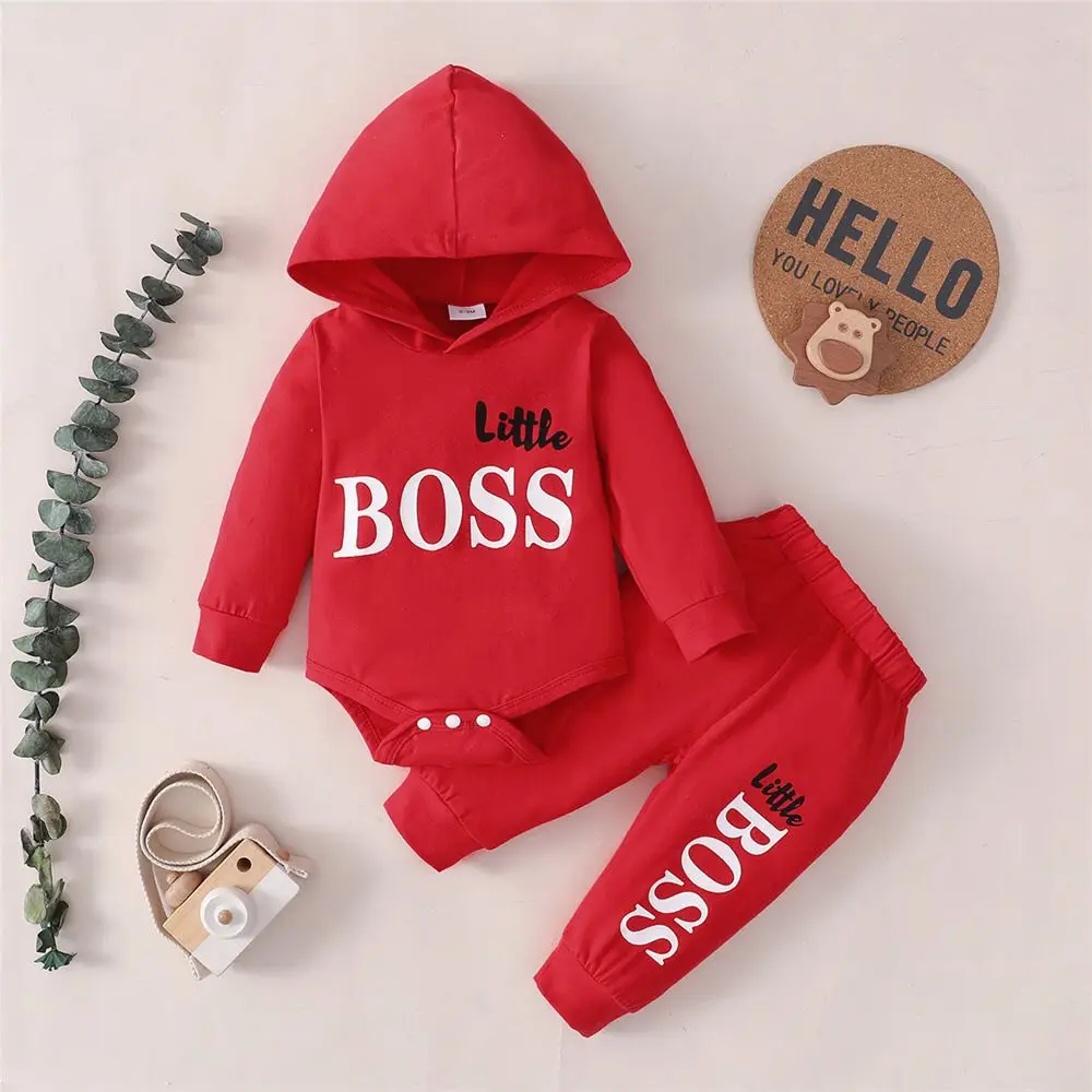 2024 Spring Autumn Infant Toddler Letters Print Hooded Solid Color Two-piece Suit 0-24M Baby Boys Bodysuits+Long Pants Set