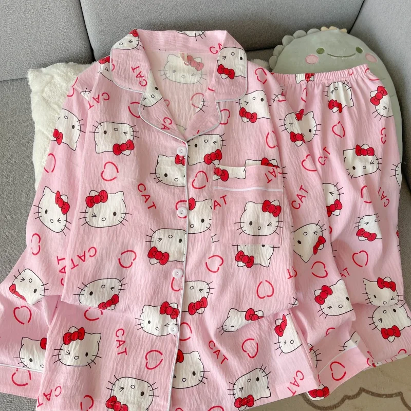 

Cartoon Hello Kitty Pajamas Set Women's Autumn Winter Long Sleeve Loungewear Pink Cute Sleepwear Kawaii Soft Homewear Outfit