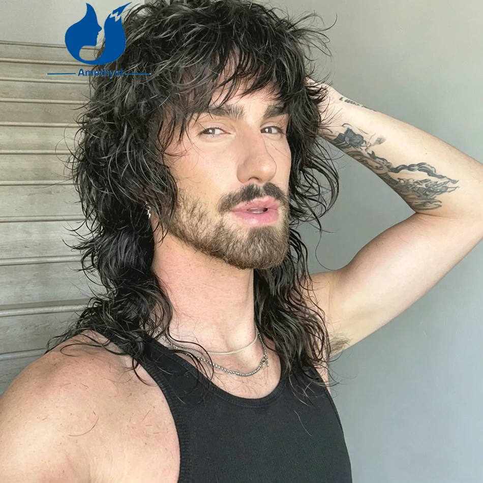 Peruca Curta Ondulada Preta Natural Amethyst com Franja para Homens, Peruca de Cabelo Humano com Renda Frontal 13x6, Cabelo Remy Brasileiro com Ondas Soltas