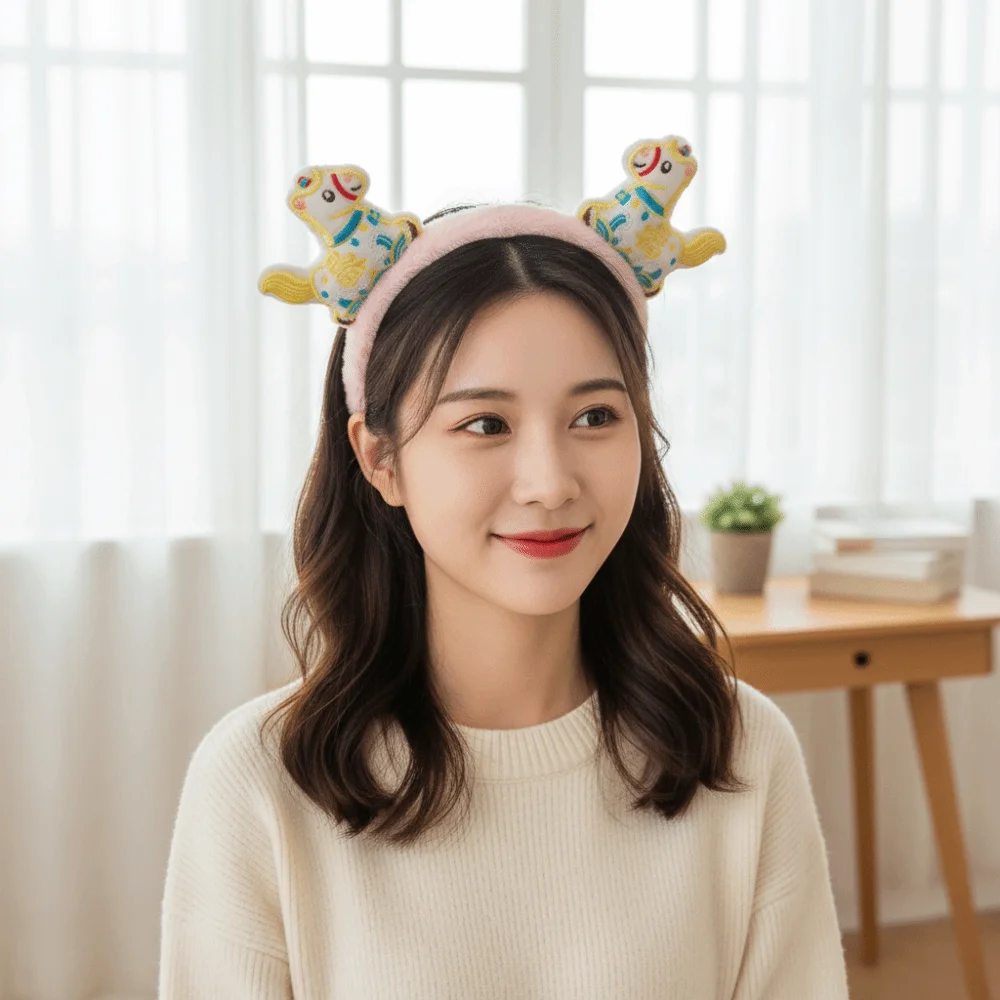 

Cute Cartoon Horse Hair Hoop Pony Plush New Year Headband Headwear Red New Year Headpiece Masquerade Party