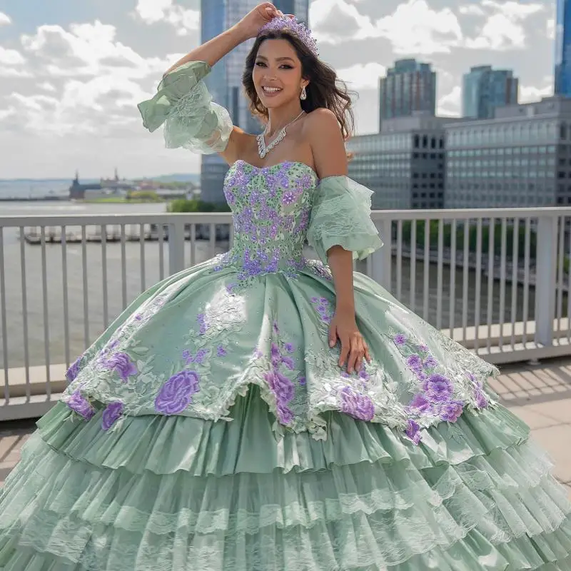 Personnalisé vert menthe épaules dénudées Quinceanera robe Tull applique fleur dentelle superposition robes de 15 Quinceanera ﻿