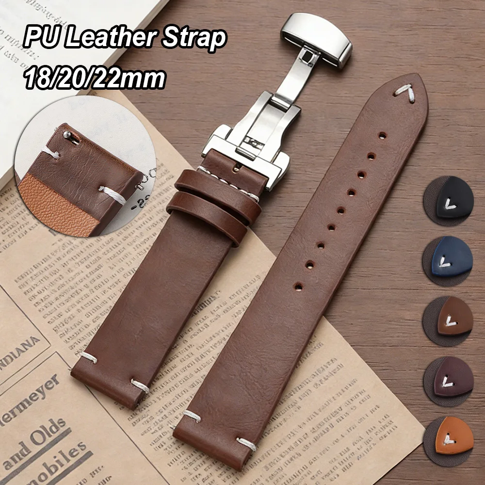 

Vintage Oil Wax PU Leather Watch Band 18mm 20mm 22mm Leather Watch Straps Stitching Butterfly Buckle Man Woman Bracelets