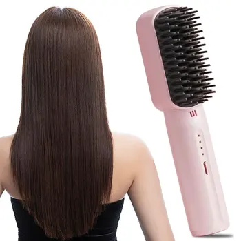 Image Cordless Hair Straightening Comb Rechargeable Portable Straightening Brush Anti-Scald Hair Straightener Comb for Travel & Home