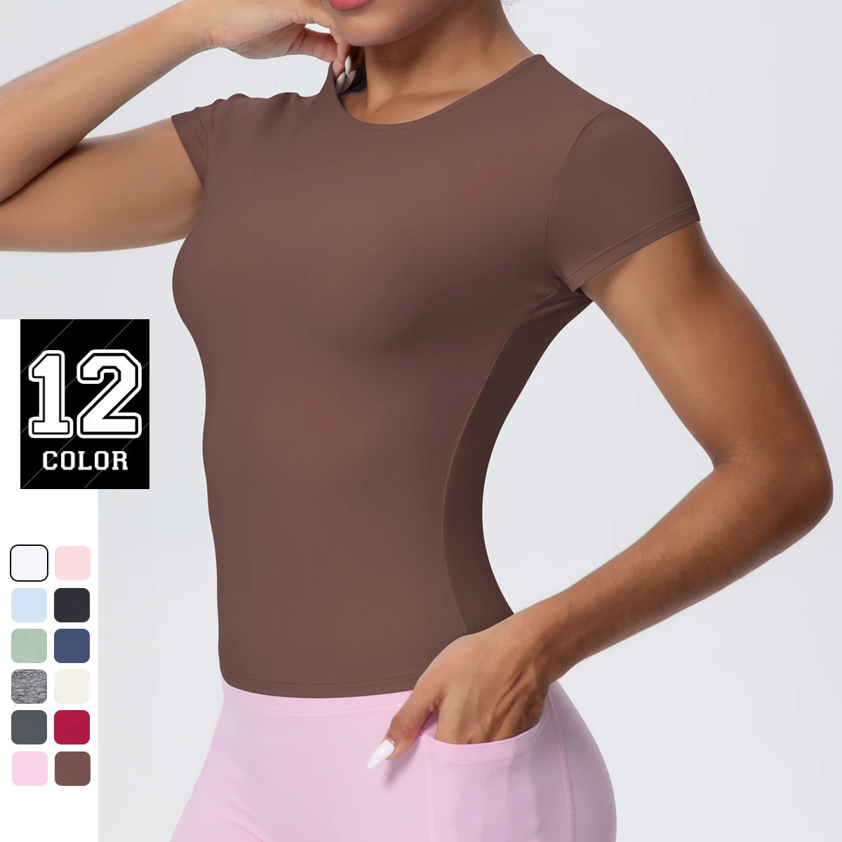 Rooftrellen Slim Casual Solid Color Yoga Short Sleeve Workout Top Quick Drying Breathable Sports Running Yoga Top T-Shirt