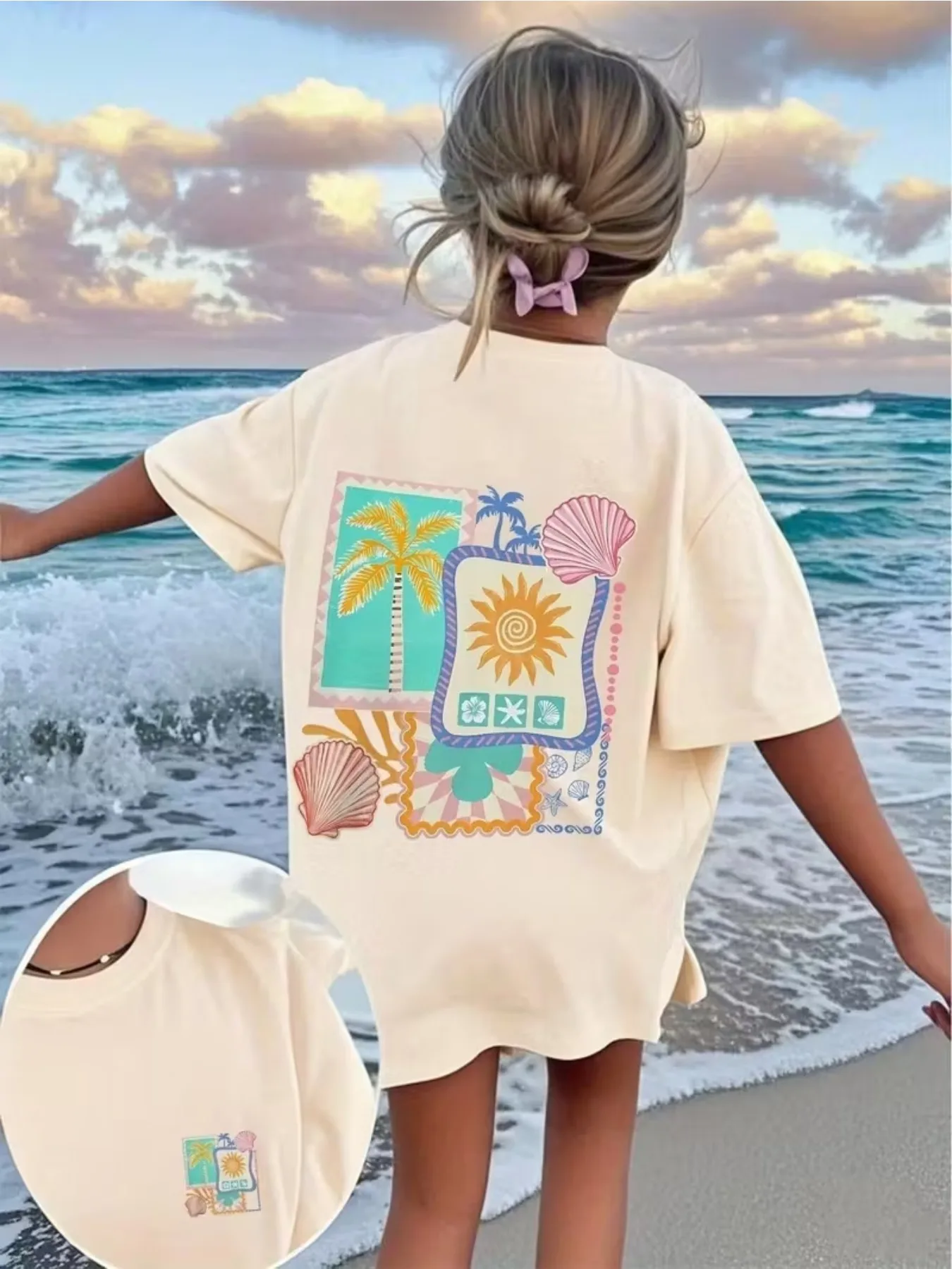 This Light Beige Sleeve T-Shirt Showcases Tropical Beach Theme Decorated with Turquoise Palm Hibiscus Patterns Aesthetic Clothes