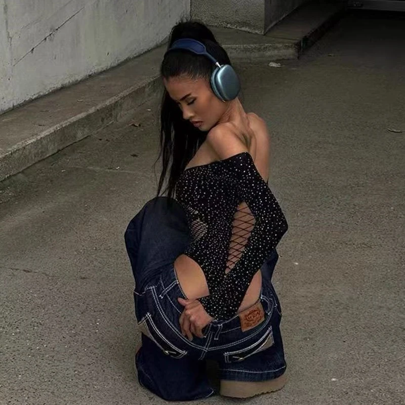 ملابس داخلية من الدانتيل للنساء خارج الكتف الجوف خارج شبكة شير الجسم أعلى الإناث الساخن عارية الذراعين ملهى ليلي الملابس الداخلية أعلى بالجملة #3