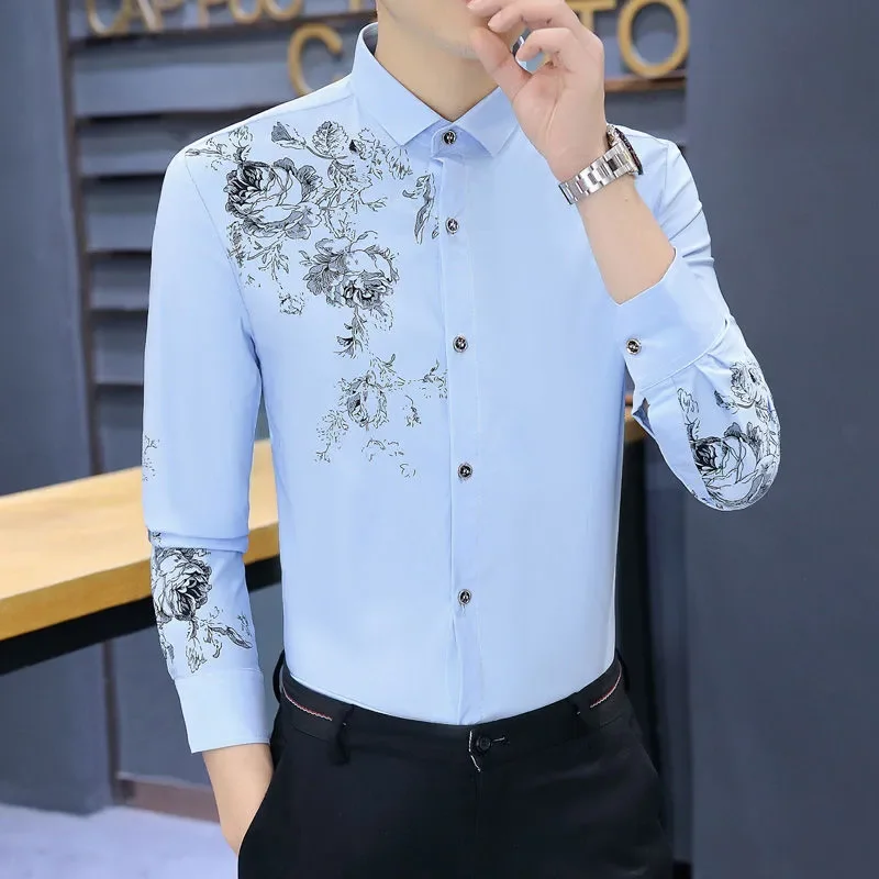 

Long-sleeved Casual Business Printed Shirt Men's Korean Style Slim-fit Anti-wrinkle No-iron Shirt