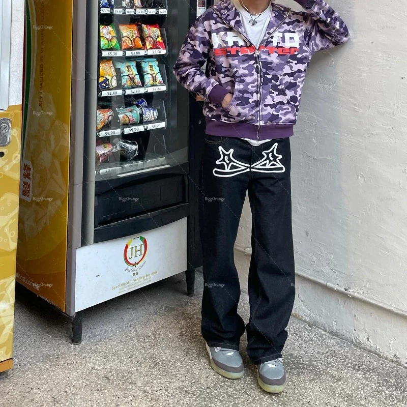 High Quality Star Print Jeans Baggy Slouchy Mens Pants New American Clothes Men Y2k Fashion Loose Straight Wide Leg Streetwear