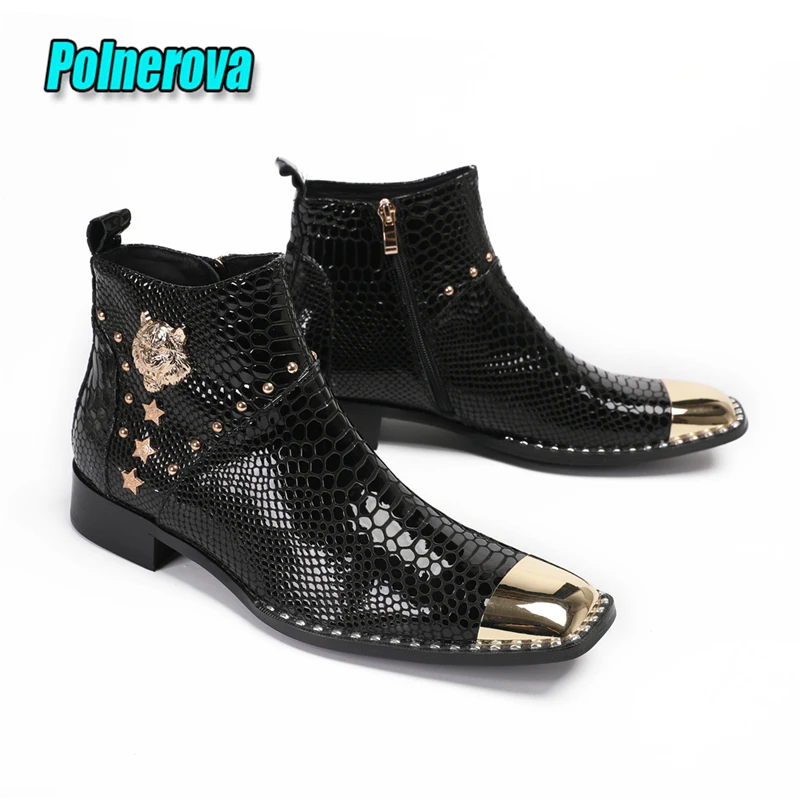 

Snake Pattern Patent Leather Men Boots Punk Rivets Metal Tiger Decor Chelsea Boots Luxury Cowhide Banquet Party Dress Shoes