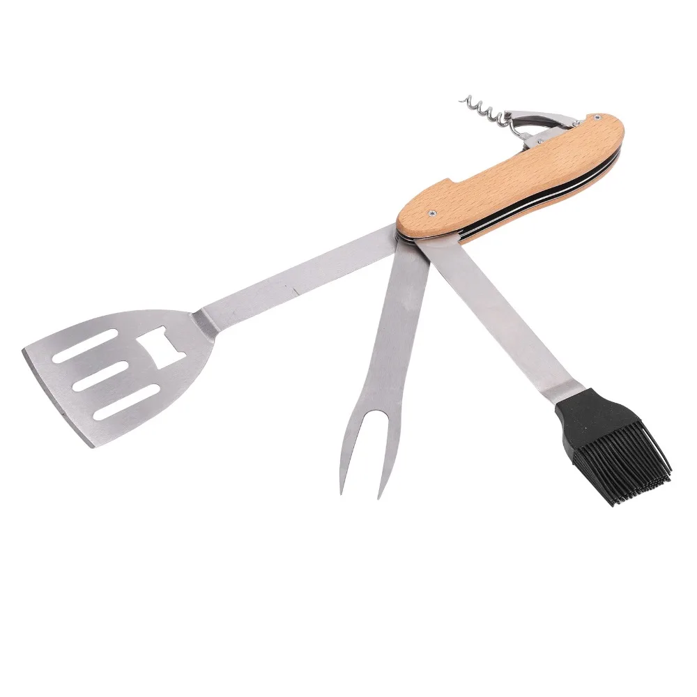 Stainless Steel Composite Wood BBQ Tool Set 5 in 1 Foldable Design Grill Combo Set Portable Silver Wooden Color Black