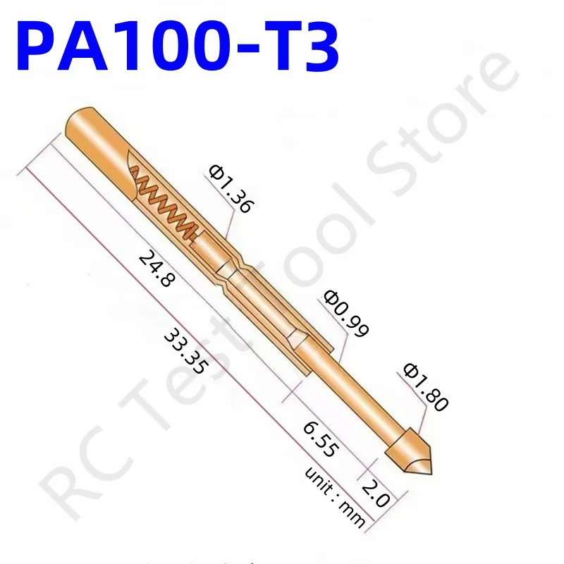 100PCS PA100-T3 Spring Test Probe PA100-T Test Pin P100-T P100-T3 Test Tool 33.35mm 1.36mm Needle Gold Tip Dia 1.80mm Pogo Pin