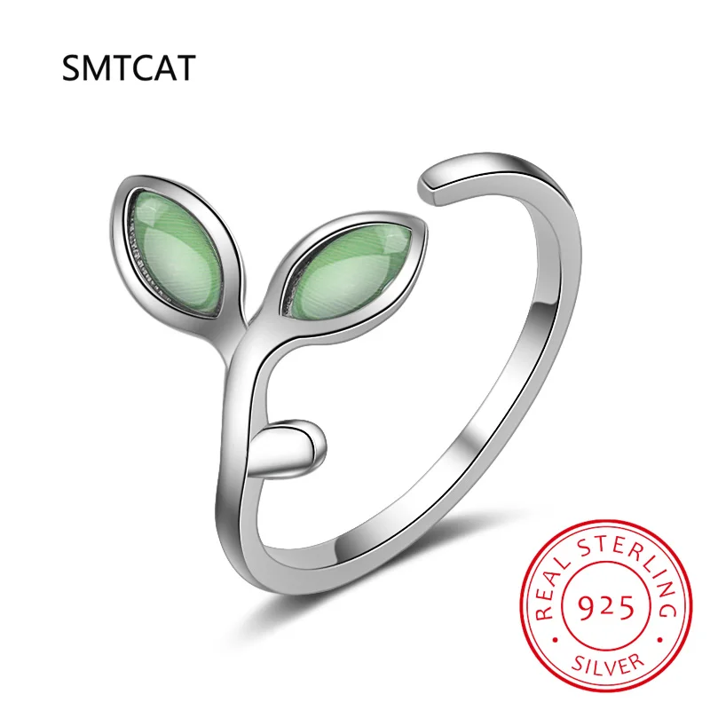 Created Green Opal 925 Sterling Silver Olive Branch Leaves Open Adjustable Ring for Women Statement Gemstone Jewelry