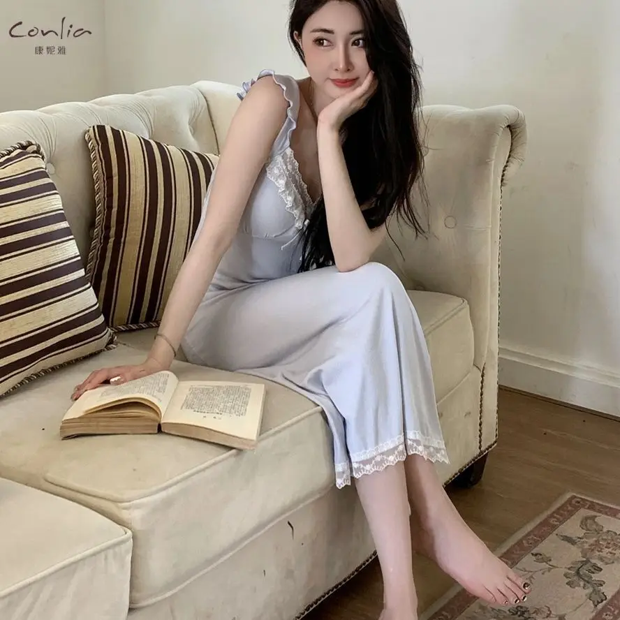 Pajamas female modal with cushion nightgown summer V-neck sexy lace camisole nightgown homewear