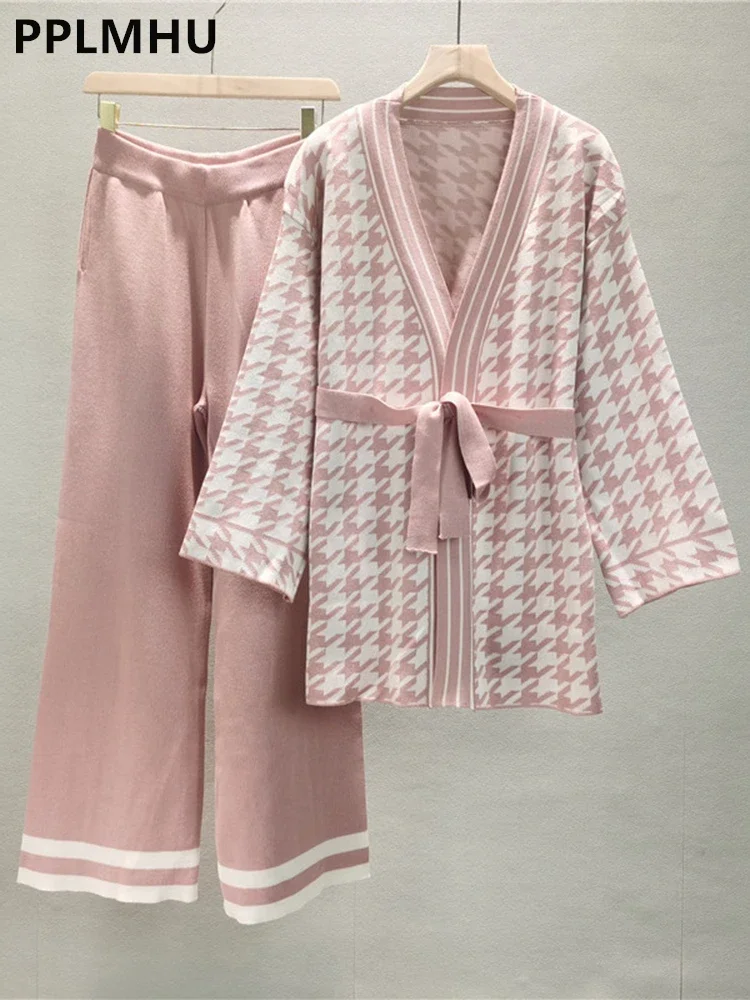Thick Plaid Sweater Cardigan 2 Piece Sets Fall Winter Lace Up Knitwear Gilet Outfits Casual High Waist Knit Wide Leg Pants Suits