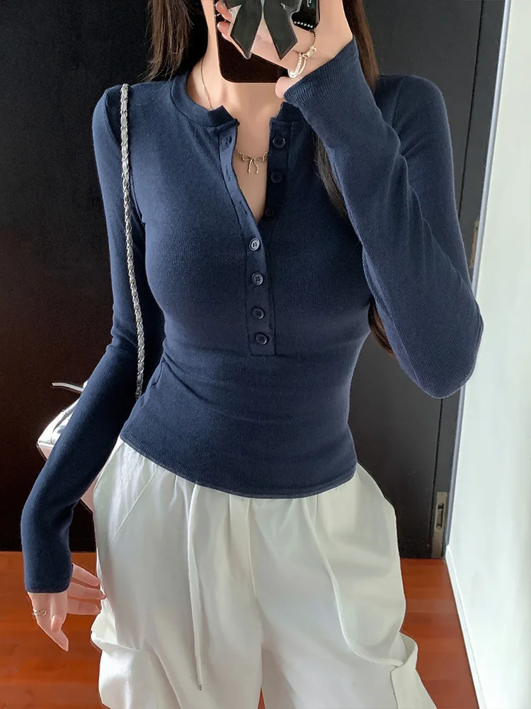 Women Spring Autumn Slim-fit Base Shirt Girl Student Half-open Round Neck Buttoned Long-sleeve T-shirt Slimming Inner-layer Top