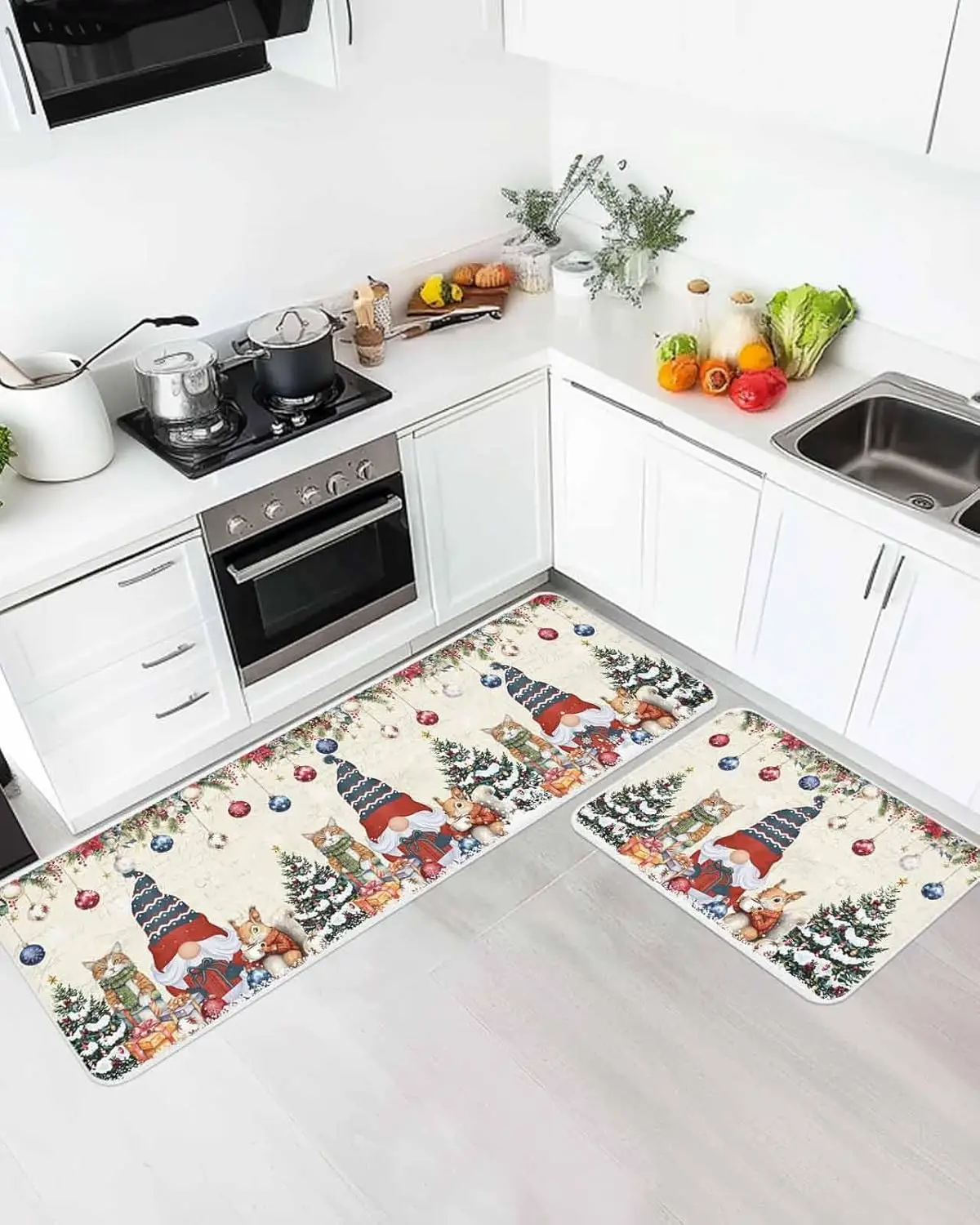 Christmas Gnomes Kitchen Mats Winter Xmas Tree Quirrel Cat Poinsettia Welcome Door Mat Balcony Hallway Non-slip Rug Home Decor
