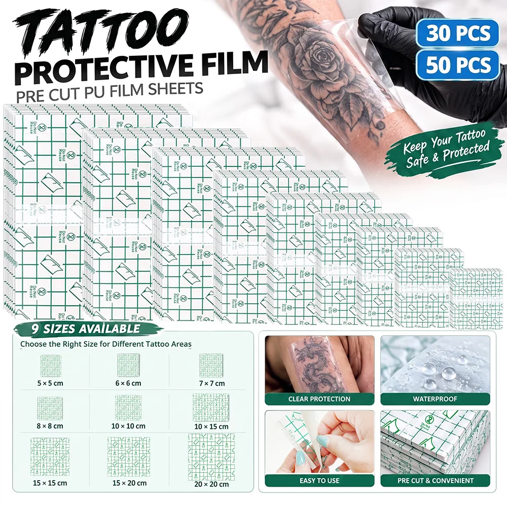 50/30pcs Waterproof Tattoo Protective Healing Film Transparent PU Film Tape 9 Sizes Tattoo Aftercare Patch Tattoo Accessories