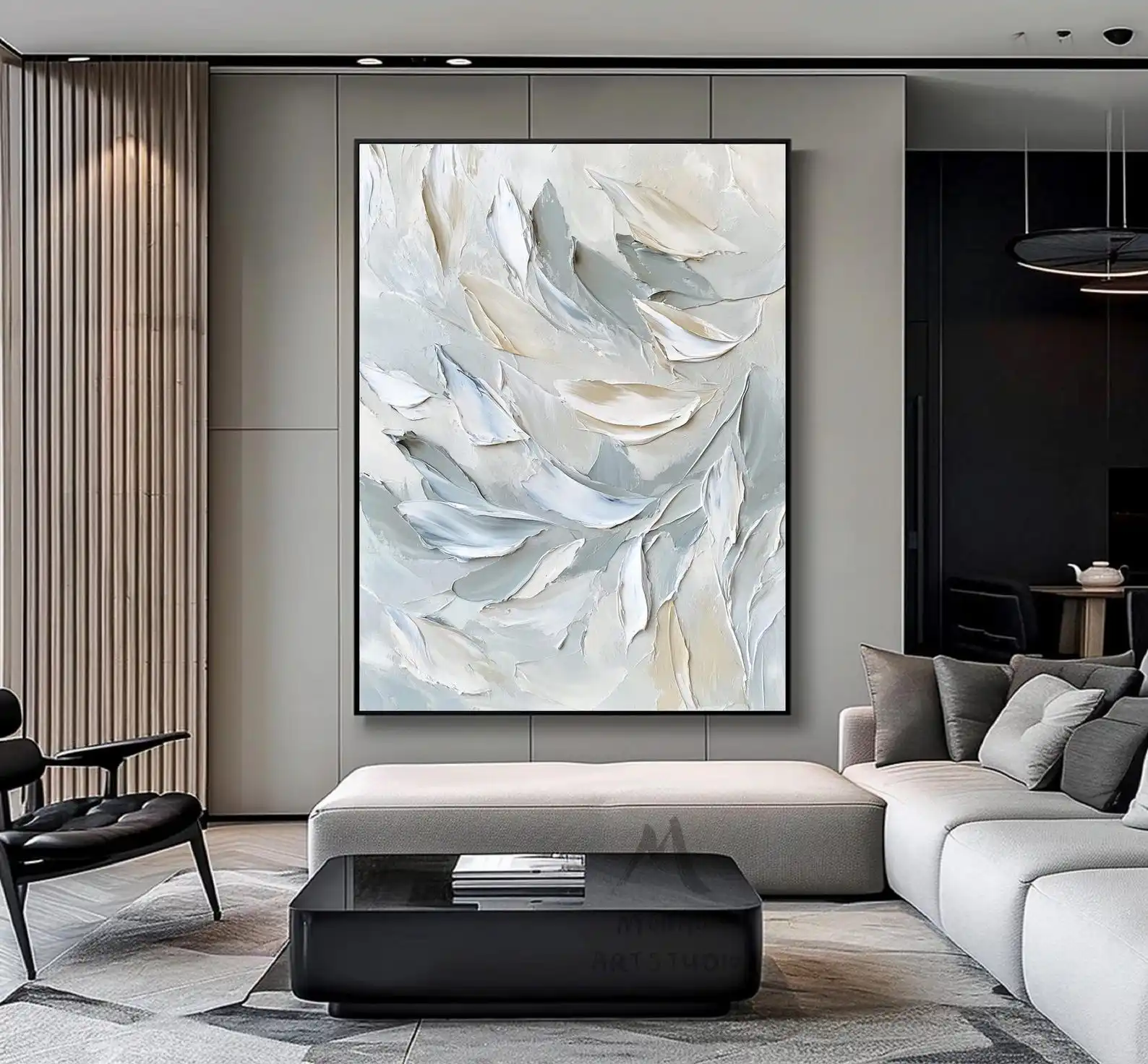 Mhemyo Beige Minimalist Texture Leaf Original Abstract Painting Gray White Canvas Hand Painted Wall Art For Living or Home Decor