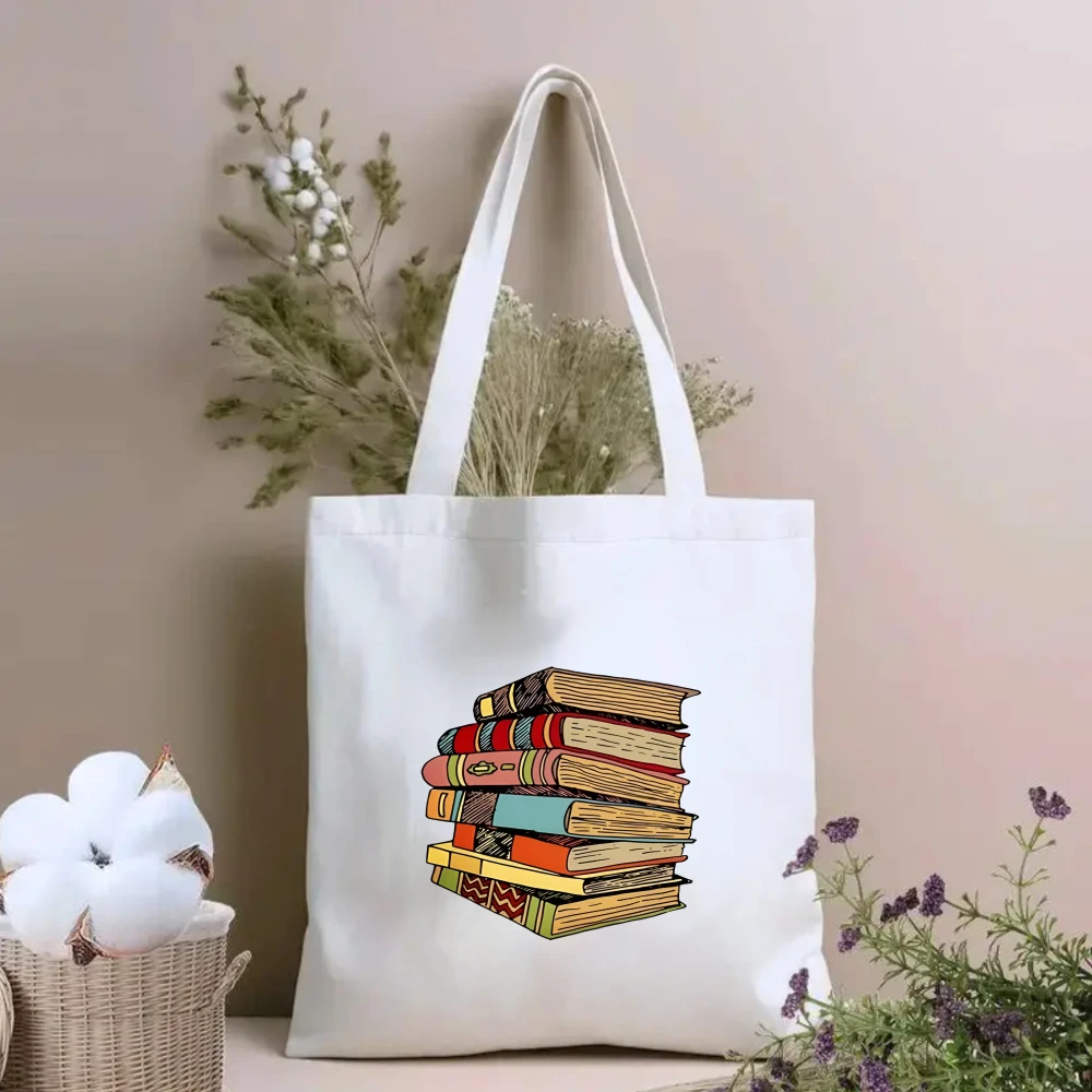 Book Stack Print Canvas Tote Bag, Large Capacity Shoulder Bag, Literary Dragon Pattern Commuter Handbag Bags for Women