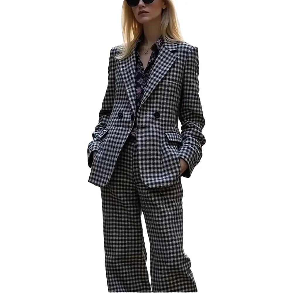 Único xadrez feminino terno clássico entalhado lapela de alta qualidade roupa duplo breasted ocasião formal negócios casual conjunto duas peças