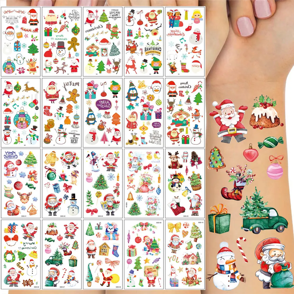 10 Sheets Temporary Tattoo Stickers for Christmas Decoration Cartoon Santa Claus Snowman Tree Socks Fake Tattoo for Body Decor