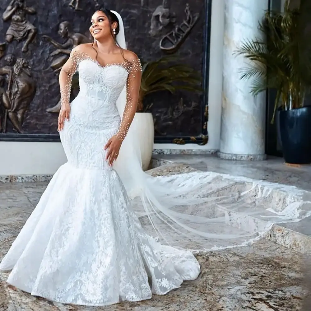Customized Mermaid Wedding Dress Bridal Gowns For Bride Sheer Illusion Long Sleeves Appliqued Beaded Pearls Lace