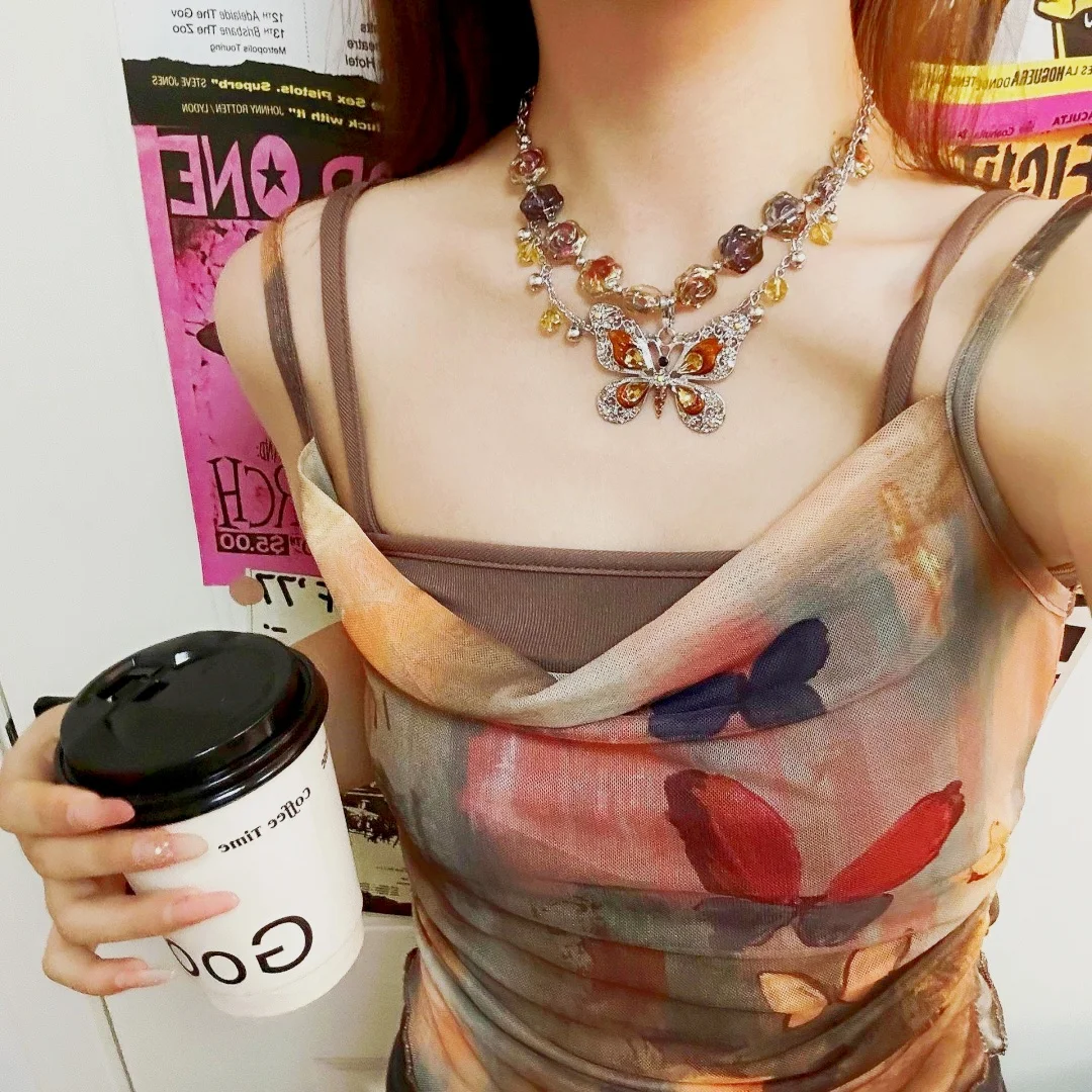 

DUTRIEUX Y2K Punk Heavyweight Butterfly Flower Pendant Necklace for Women Sweet Cool Punk Style Sexy Girl Clavicle Chain Jewelry