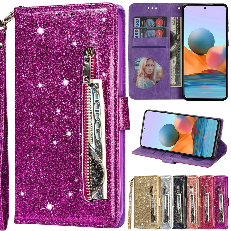 Wallet Glitter Leather Case For Xiaomi Redmi 10C 9A 9C 9T Note 11 10 Pro 9 8T 7 Poco X3 Pro F3 X4 GT F4 C40 M5 11T 12 Lite 12T