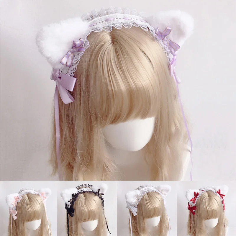 Lolita Katzenohren-Haarband für Frauen, süße Spitze, Haarnadel, Kopfschmuck, Cosplay, Anime-Stirnbänder, Plüsch-Kunstfell-Ohren, Band, Schleife, Haarreifen – Detail 10