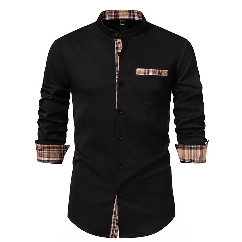 Spring/Summer New Cross border European Size Men's Henley Collar Casual Checker Colored Long sleeved Shirt